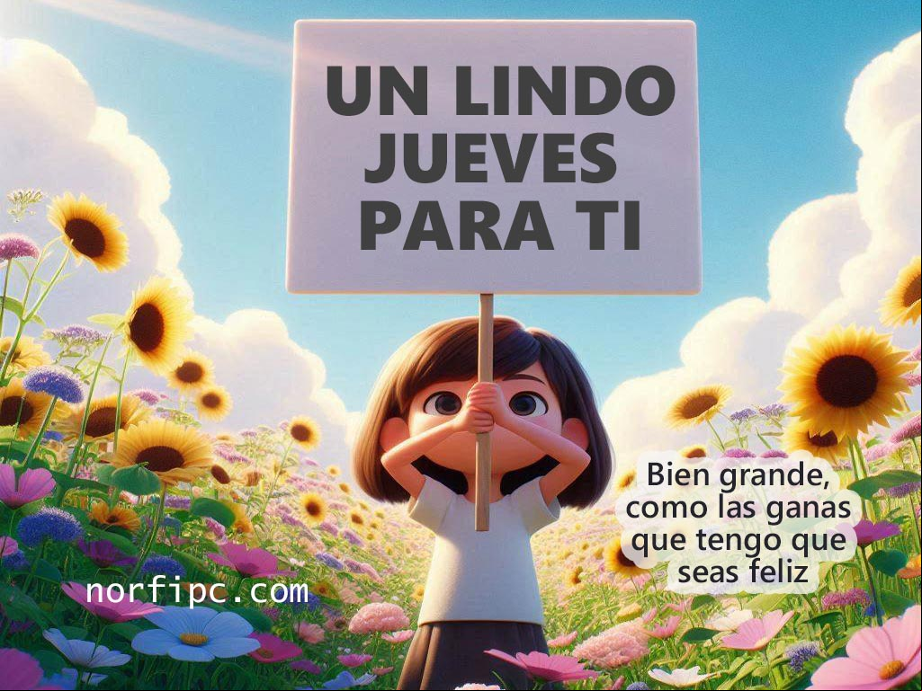 Un lindo jueves para ti. Te lo pongo bien grande, como las ganas que tengo que seas feliz. Chico sosteniendo cartel de lindo jueves