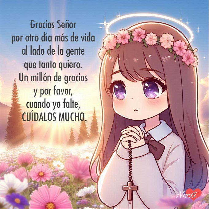 Chica orando a dios con un rosario en la mano al amanecer