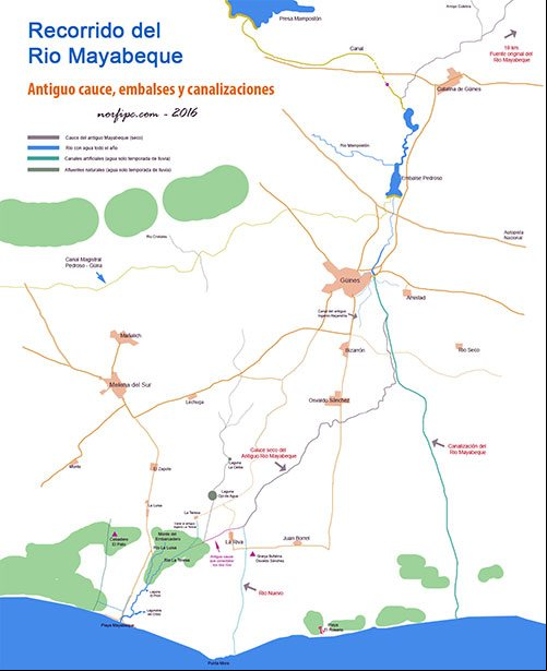 Mapa o diagrama con el recorrido del antiguo Rio Mayabeque, sus afluentes y canalizaciones