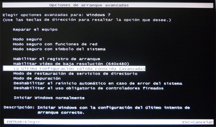 Pantalla de opciones de inicio de Windows