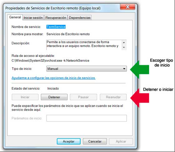 Configurar la forma de inicio de un servicio