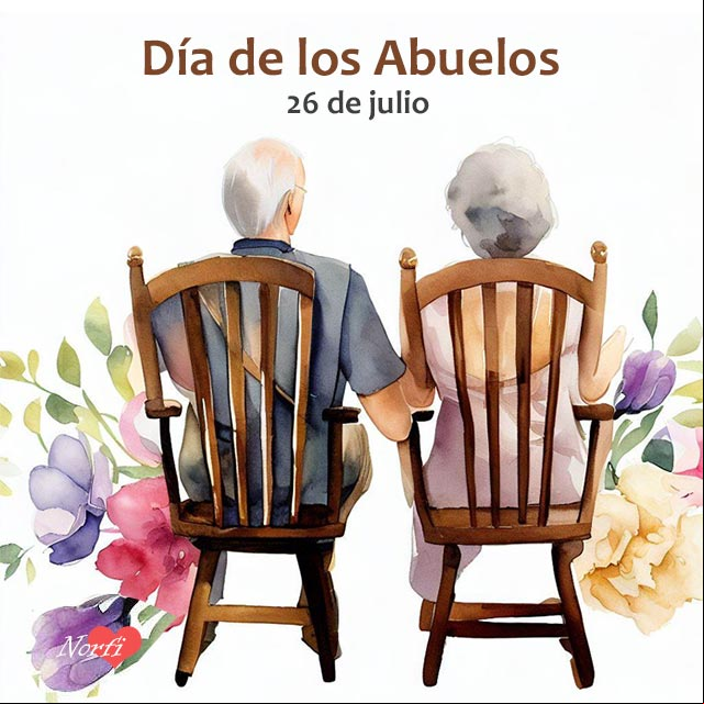 26 de julio Día de los Abuelos y Abuelas Dos abuelos sentados en mecedoras de espaldas