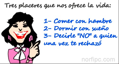 Tres placeres que nos ofrece la vida: 1- Comer con hambre, 2- Dormir con sueño, 3- Decirle NO a quien una vez te rechazó
