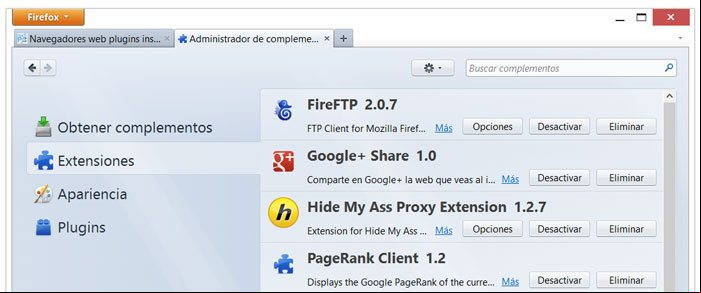Ventana de información y configuración de las extensiones o addons instalados en el navegador Firefox Ventana de información y configuración de las extensiones o addons instalados en el navegador Firefox