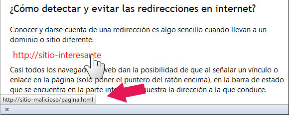 Vinculo engañoso en una página web que conduce a una dirección diferente