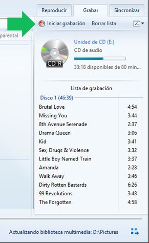 Comenzar grabación del disco en Windows Media Player Comenzar grabación del disco en Windows Media Player