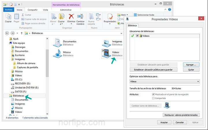 Cambiar en las Bibliotecas la ubicación de la carpeta Videos en Windows