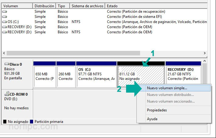 Dar formato al espacio no asignado para crear una nueva unidad en el disco duro