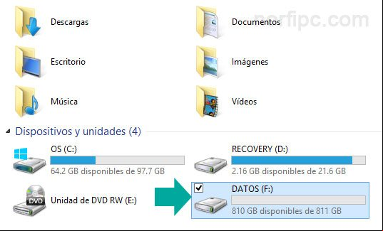 Explorador de Windows con la nueva unidad creada en el disco duro llamada Datos