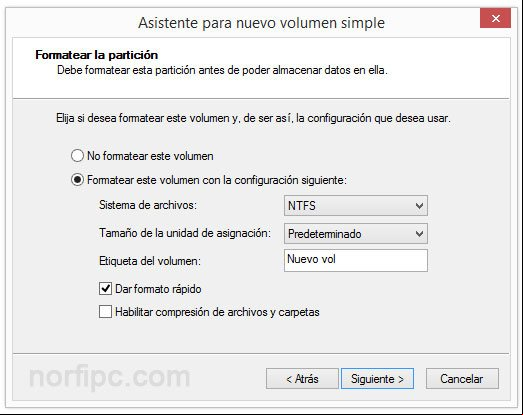 Formatear en NTFS con el asistente la nueva unidad creada en el disco duro