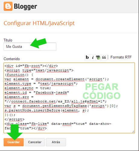 Ventana de insertar el código para un gadget en Blogger Ventana de insertar el código para un gadget en Blogger