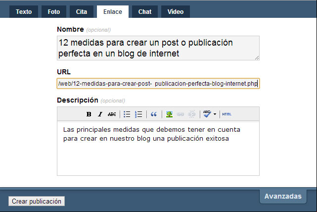 Compartir una página web o un post de un blog en Tumblr