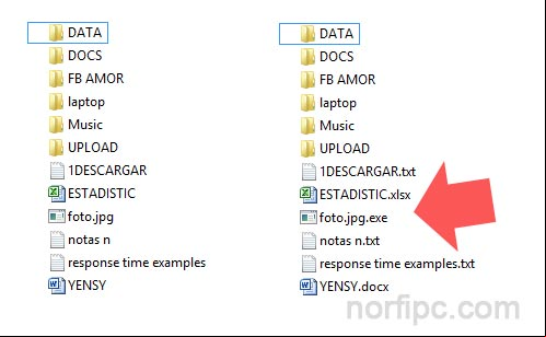 Archivos en el explorador sin la extensión de archivo y después mostrándola