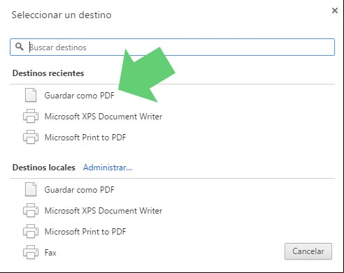 Seleccionar destino al Imprimir en Google Chrome