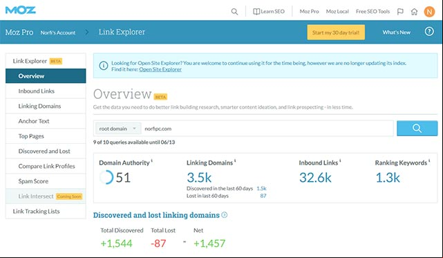 Open Site Explorer de Moz para saber la Autoridad de un dominio de internet