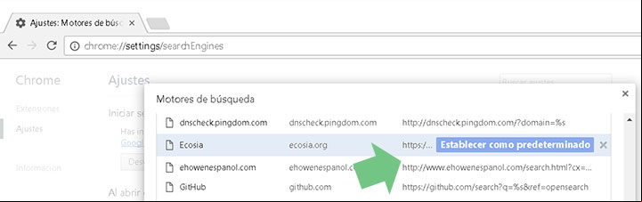 Establecer Ecosia como el buscador predeterminado en Google Chrome